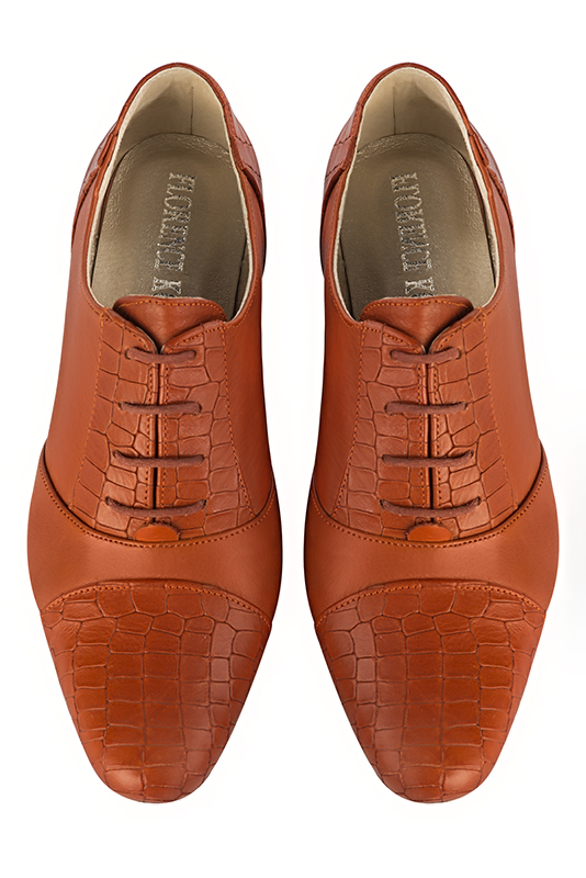 Terracotta orange women's essential lace-up shoes. Round toe. Low block heels. Top view - Florence KOOIJMAN